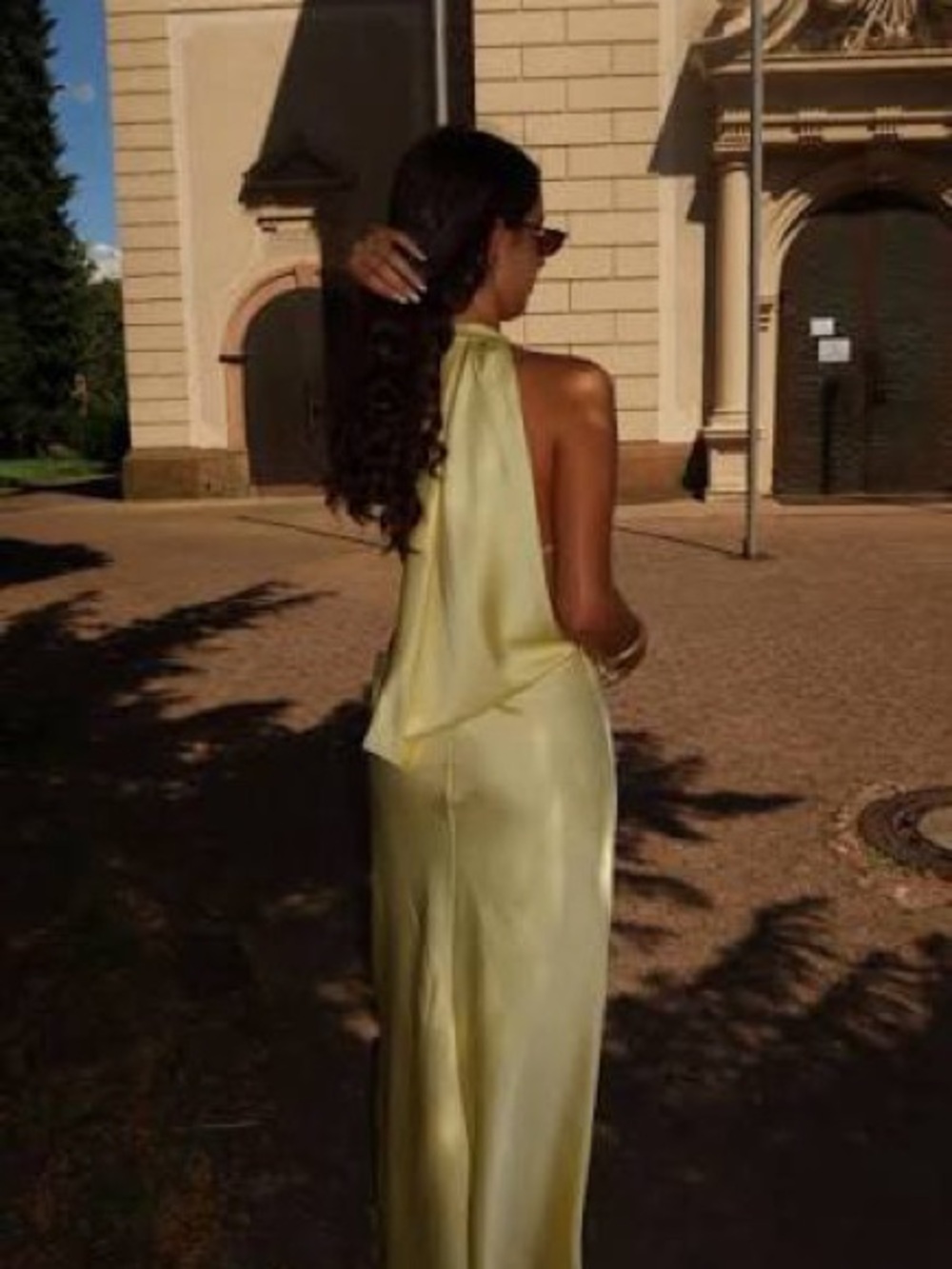 Zara Pale Yellow Backless Halter Satin Dress